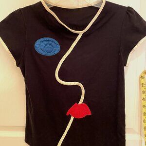 1980's, med T-shirt, abstract face applique, satin on black knit